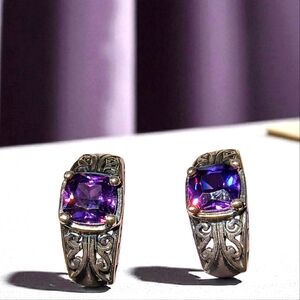 Amethyst And Sterling Silver Half Hoop Post Earrings